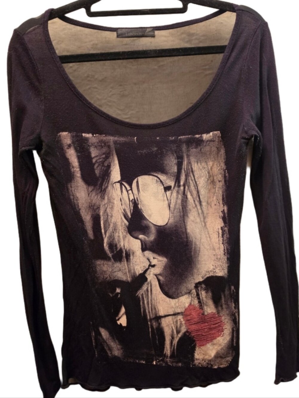 Y2K Indie Sleaze Portrait Graphic Mesh Long Sleeve Top Black Lucious